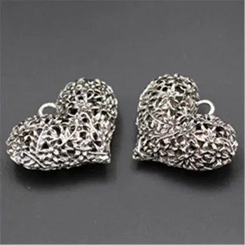 2 kom., starinski srebrna boja, 3D, šuplja obostrano privjesak u obliku srca, ogrlica, narukvica, DIY, modni nakit, privjesci od legure, A612