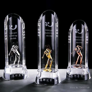 High-end nezaboravne metalni trofej za golf s riječima od zlata, srebra i bronce na red, prozirni kristal trofej