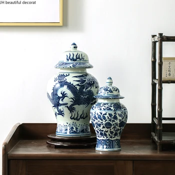 Kineski Stil Plavi i Bijeli Keramički Đumbir Sitan Nakit Nakit Dnevni boravak Pribor Retro Home Stola Vaza Obrt