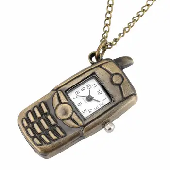 Mali Brončani Dizajn Mobilnog Telefona Kvarc Džepni Satovi Retro 80 cm Privjesak Ogrlica Sat Vintage Lanac Nakit Darove za Muškarce Žene