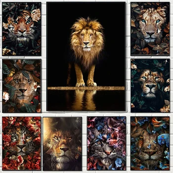 Moderna Skandinavska Umjetnost Cvijet Životinje Lav Tigar Tigar, Leopard Platnu Slikarstvo Apstraktne Zidne Plakate Slike Dekor Darove Dnevni Boravak Zidno Slikarstvo