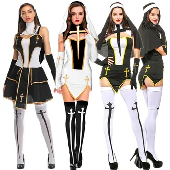 S-3XL Seksi Kostim Redovnica Cijeli Outfit Halloween Za Odrasle Žene Katolička Sestra Redovnica Cosplay Večernje Elegantne Haljina