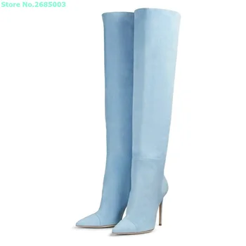 Svijetlo plave antilop Čizme do koljena s oštrim vrhom na Ukosnica, Običan Uske Cipele bez spojnica, ženska Zimska obuća, večernja haljina, ukusan kratak