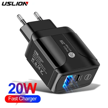 USLION EU Plug 20 W QC3.0 Brzi Punjač za USB Punjenje PD USB Brzi Punjač Adapter Za iPhone 12 Samsung Xiaomi Smartphone punjač