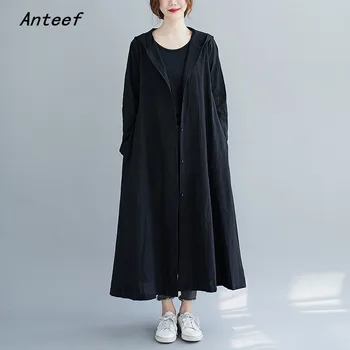 Vintage haljine Anteef dugi rukav od pamuka i lana, sa kapuljačom za žene, svakodnevne slobodne proljeće-jesen haljine-košulje, elegantna odjeća 2021