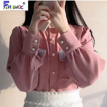 Ženske 2020 Slatka Slatka Vrhovima Ružičaste Boje U Korejskom, Japanskom Stilu S Džepovima I Dugih Rukava, Elegantni Službena Bijela Košulja Na Zakopčane 3520