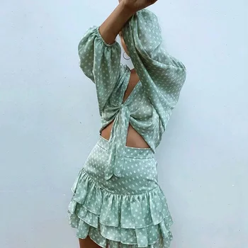 Винтажное haljina grašak, odijela, ženski kompleti haljine iz 2 predmeta, ljetno осеннее пляжное smještaj haljina čipka-up s рюшами, zeleni kratki mini-haljina