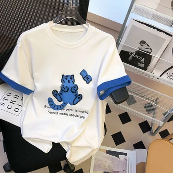 Хлопковая majica Klein Blue Tiger Diamonds s kratkim rukavima, Ženski Godišnji top 2022 godine, Kontrastne boje, Grafički t-shirt, Odjeća Kawaii